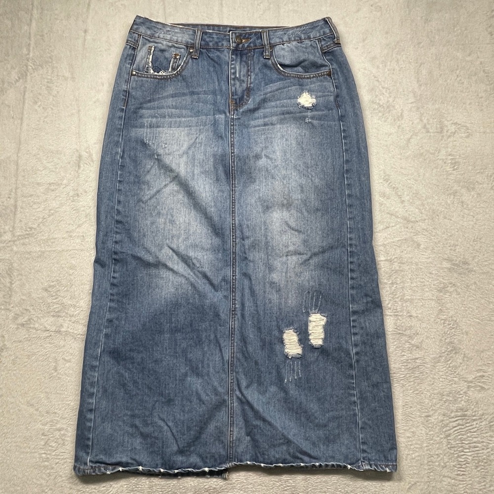 Stetson Denim Maxi Skirt Womens 12 Blue Distressed Western